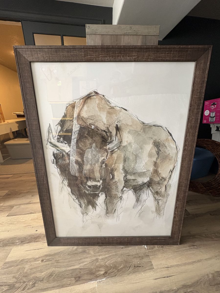 Large Framed Bison Watercolor and Charcoal Style Wall Art Decor