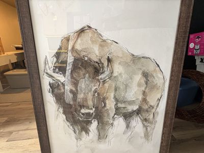 Large Framed Bison Watercolor and Charcoal Style Wall Art Decor