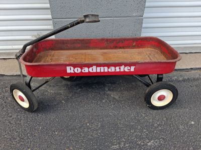 Vintage Roadmaster Steel Toy Wagon Red Paint Classic White Wheels Sturdy Metal