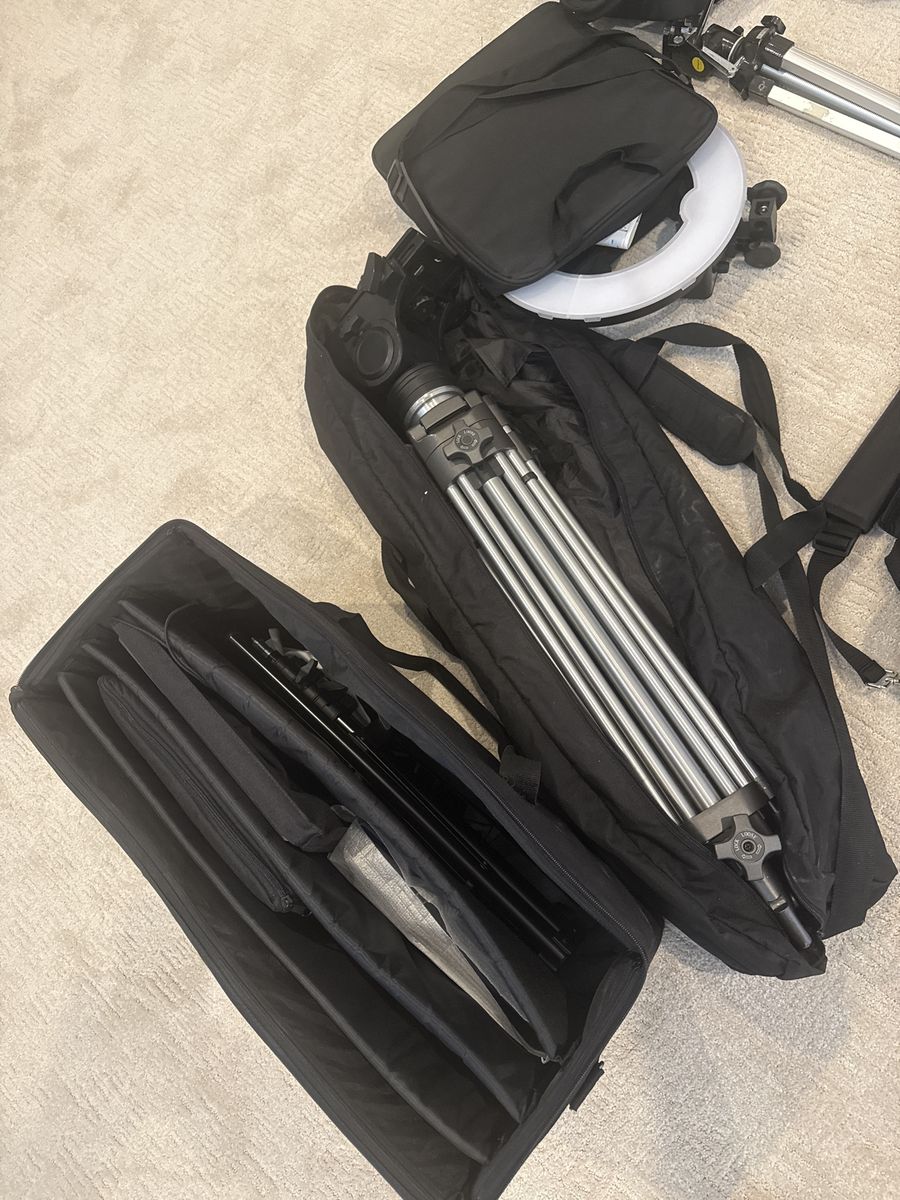 Professional Video Kit: Ring Light, heavy duty pro Tripods, professional Telwprompter , and Carrying Cases for everything.