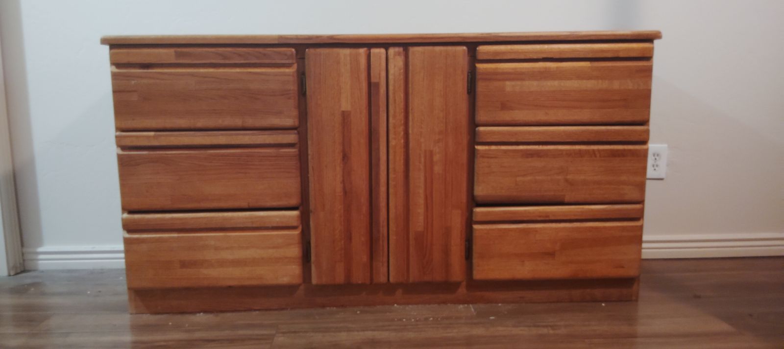 Vintage solid oak dresser (60 inches lengthwise, 18 inches wide).