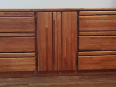 Vintage solid oak dresser (60 inches lengthwise, 18 inches wide).