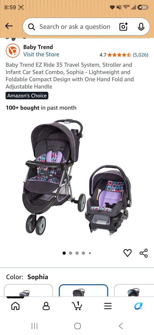 Baby Trend EZ Ride 35 Travel System Stroller & Infant Car Seat Combo, Sophia, BPA Free Tray