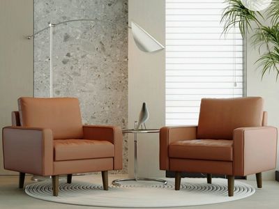 Modern Brown Leather Armchair - Single Seater Accent Chair with Wooden Legs