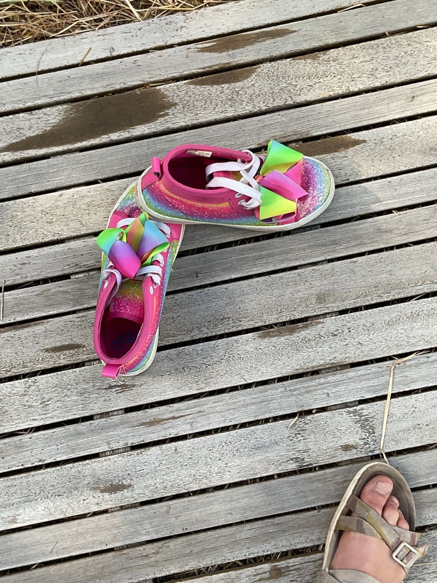 rainbow, sparkly, high tops with a pink bow