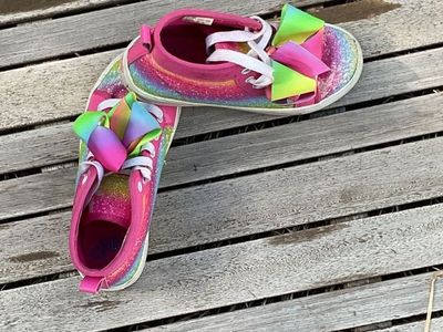 rainbow, sparkly, high tops with a pink bow