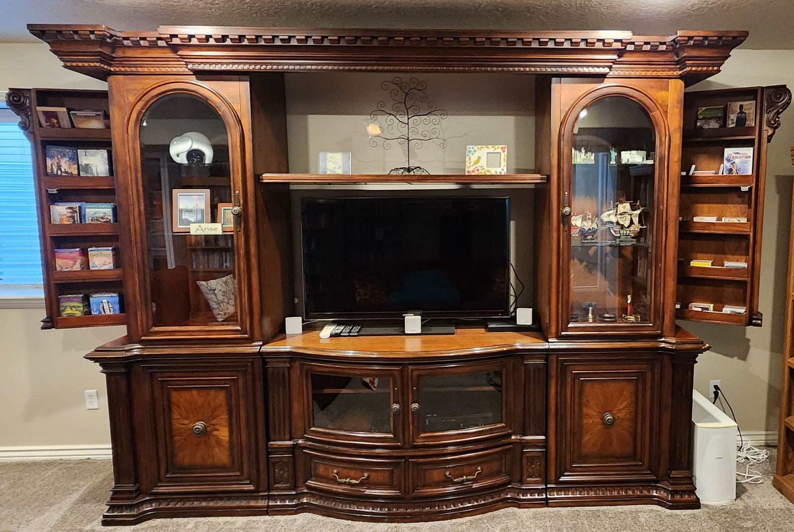 Ornate Traditional Wood Entertainment Center with Display Cabinets & Storage