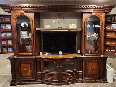 Ornate Traditional Wood Entertainment Center with Display Cabinets & Storage