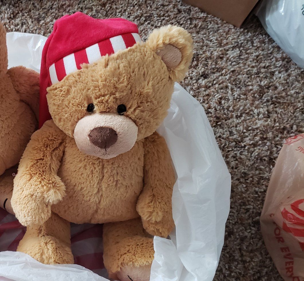 Cute Brown Teddy Bear Plush Toy with Red & White Striped Winter Hat - Soft Stuffed Animal