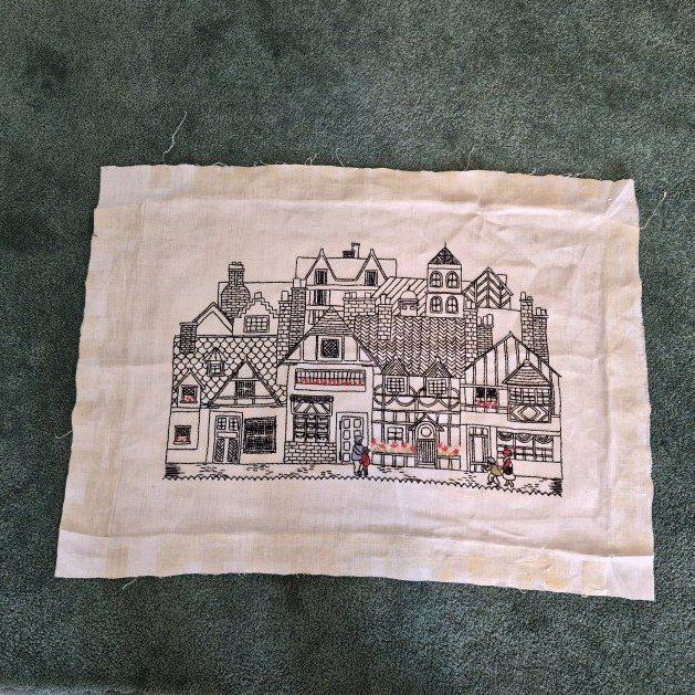 Hand-Embroidered Fabric Cottage Village Scene Wall Art Tapestry