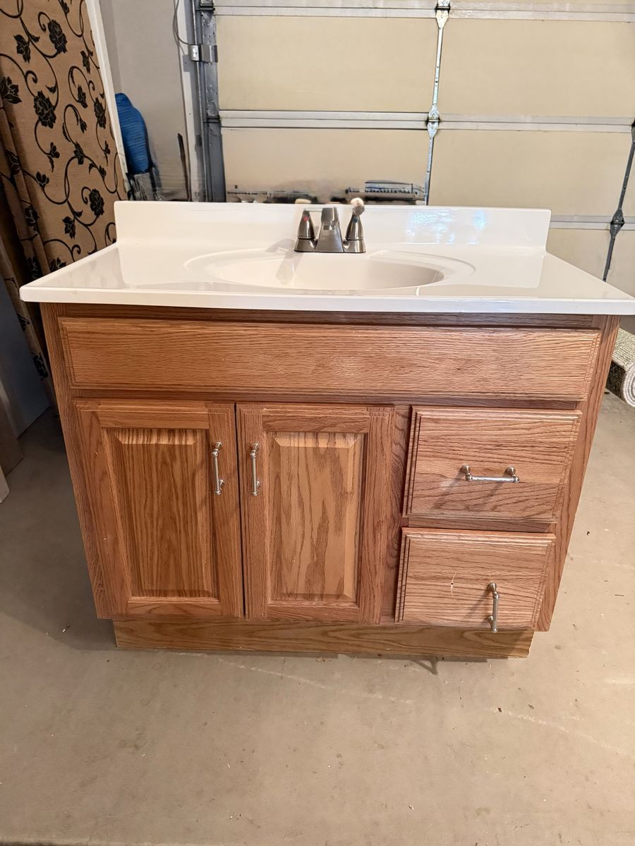Oak Bathroom Vanity w/ White Cultured Marble Top, Sink & Faucet - 36 inch