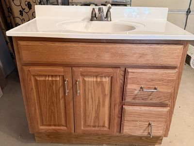 Oak Bathroom Vanity w/ White Cultured Marble Top, Sink & Faucet - 36 inch