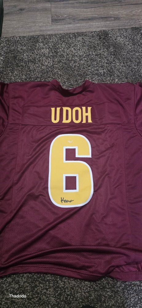 kanye Udoh #6 Maroon/Gold Football Jersey - Fan Apparel autographed 25 obo
