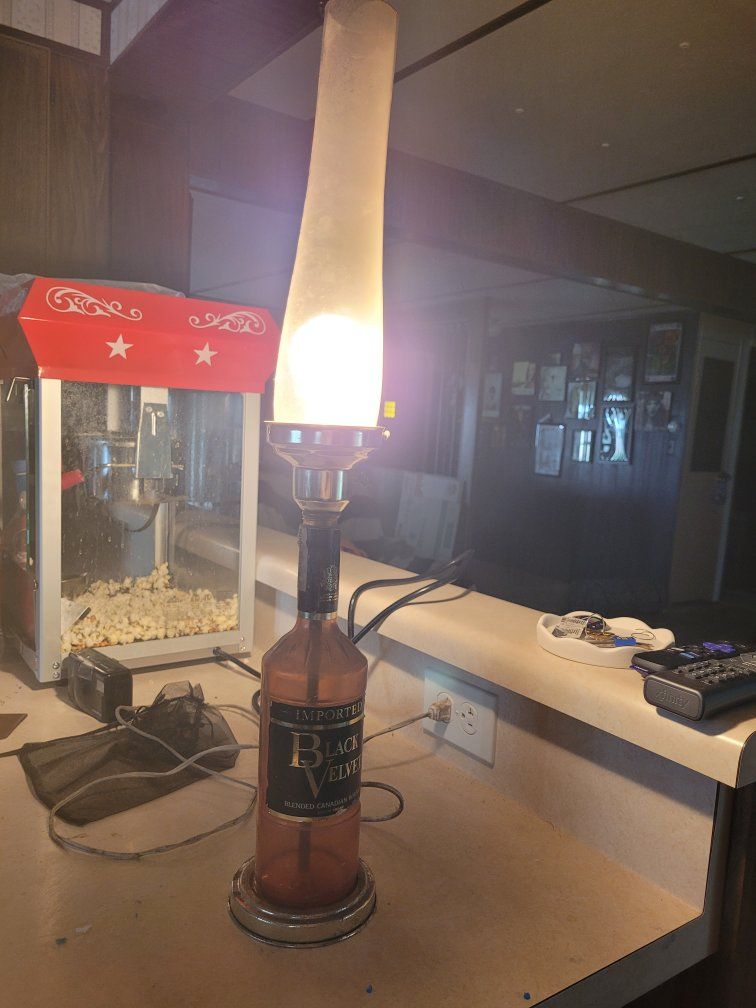 Unique Black Velvet Whiskey Bottle Upcycled Table Lamp, Working Condition
