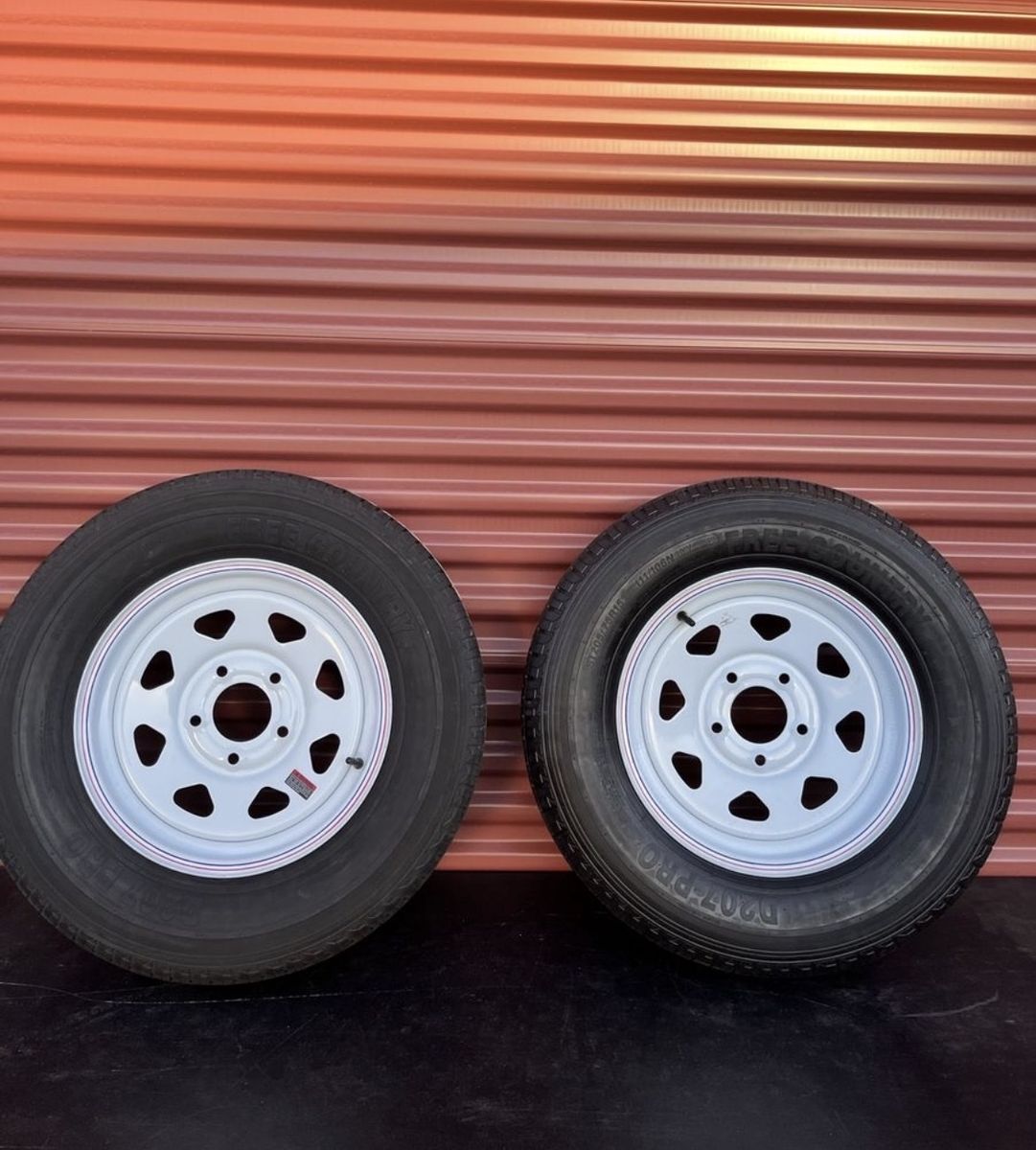 Set of 2 Free Country ST 205/75 R 15 Trailer Tires Mounted on New White Spoke Wheels 10 Ply E Load 5 on 4.5 Brand New