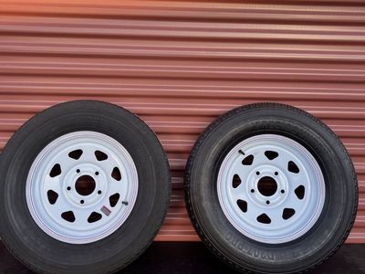 Set of 2 Free Country ST 205/75 R 15 Trailer Tires Mounted on New White Spoke Wheels 10 Ply E Load 5 on 4.5 Brand New