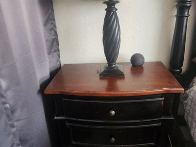 Traditional Wooden Nightstand with 3 Drawers - Two-Tone Dark Black Base and Brown Wood Top