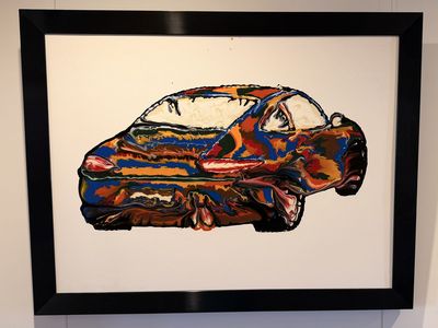 Estate sale - 48" x 36" painting of Porsche with black metallic frame
