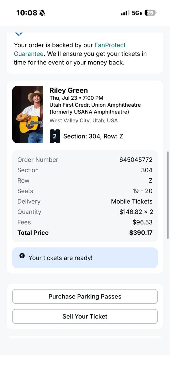 Riley Green Concert Tickets - 2 Seats, Section 304, Row Z - Utah First Credit Union Amphitheatre