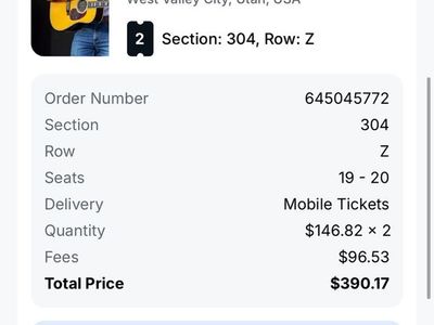 Riley Green Concert Tickets - 2 Seats, Section 304, Row Z - Utah First Credit Union Amphitheatre