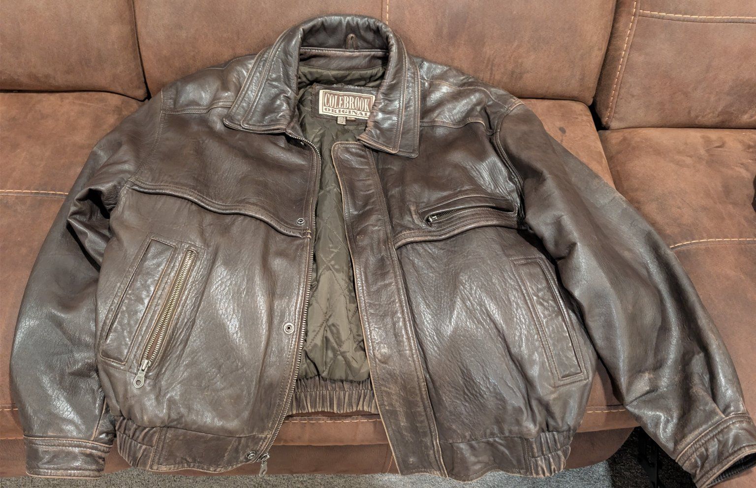 Colebrook Original Men's Brown Leather Bomber Jacket, Size XL/XG - Quilted Lining