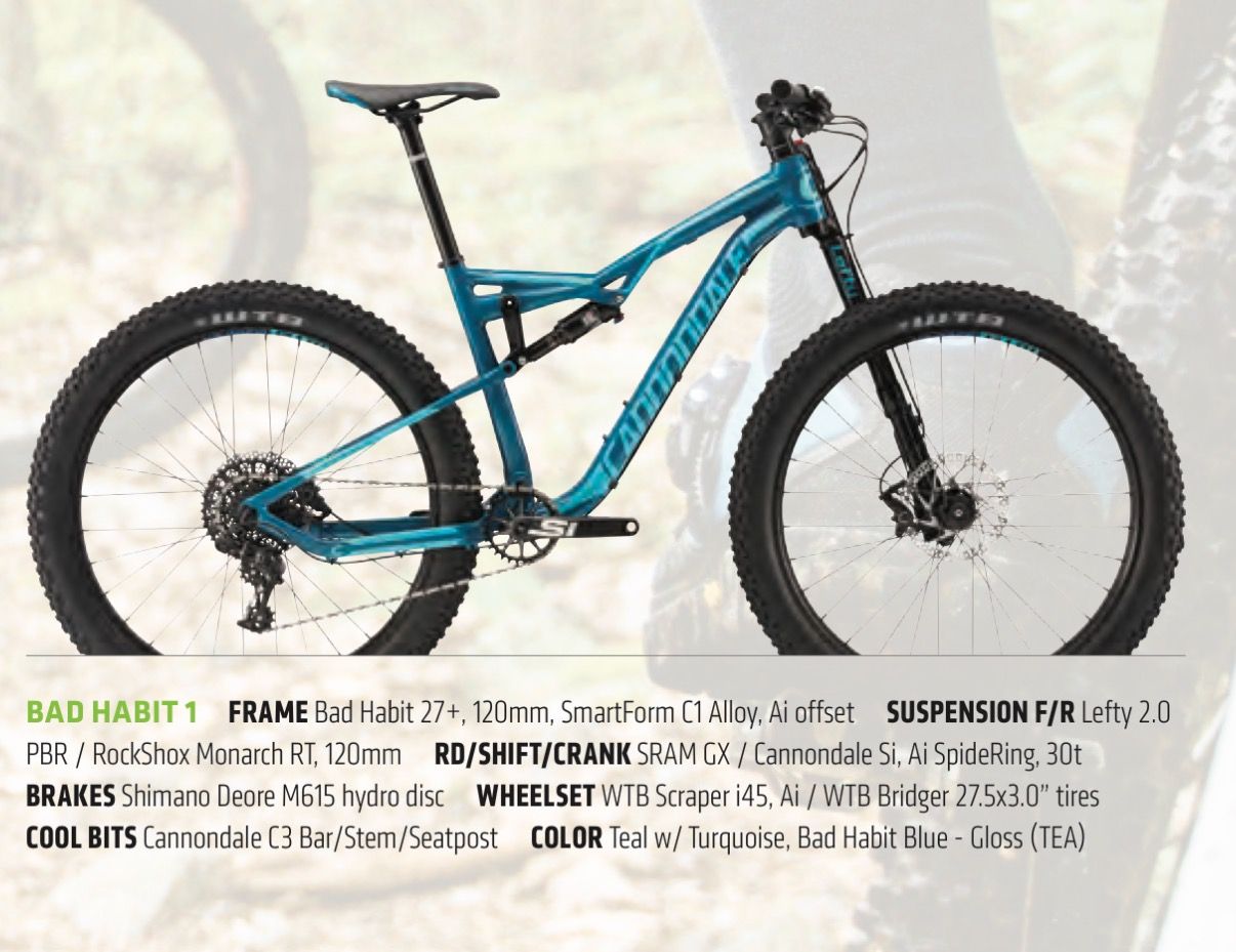2017 Cannondale Bad Habit 1 Small Full Suspension Mountain Bike Teal/Turquoise 27.5" Wheels