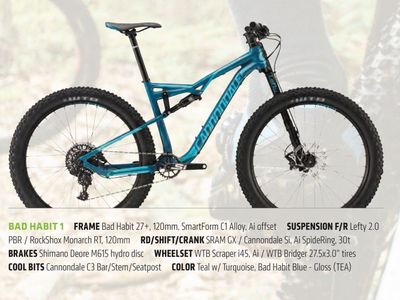 2017 Cannondale Bad Habit 1 Small Full Suspension Mountain Bike Teal/Turquoise 27.5" Wheels