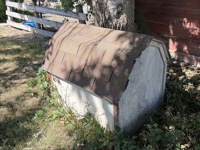 Used Wooden Dog House with Shingled Roof - Small Pet Shelter