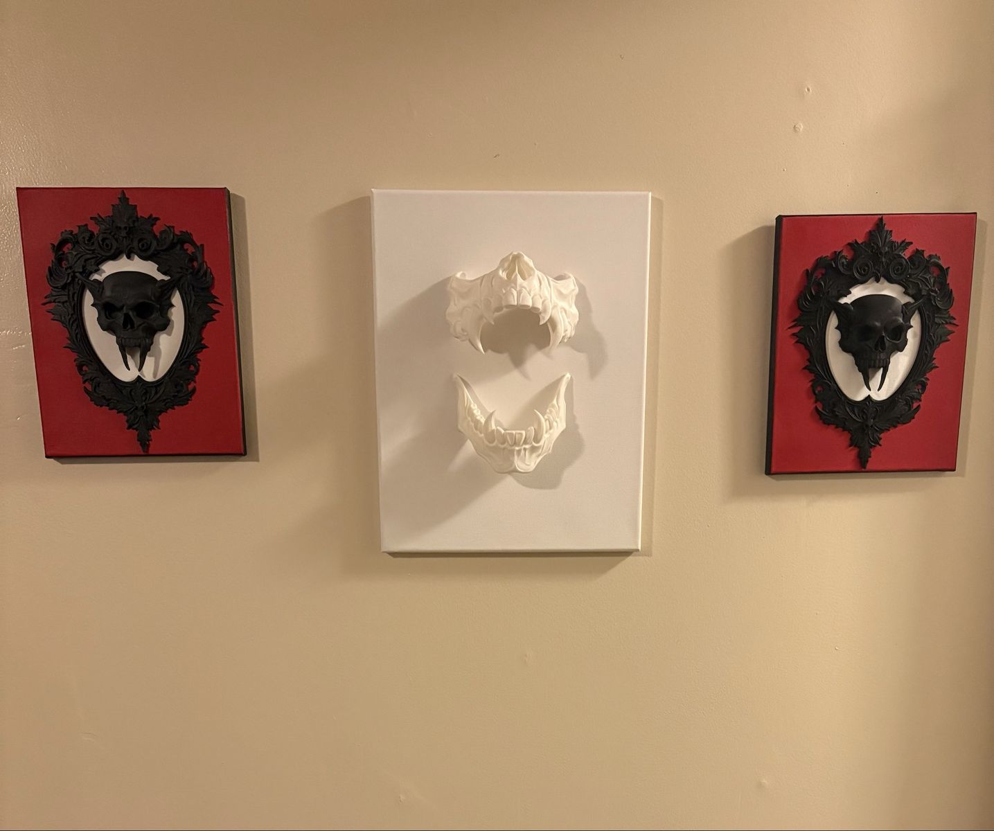 Gothic Vampire Skull 3D Wall Art - Red and Black Canvas Cameo Sculpture Decor