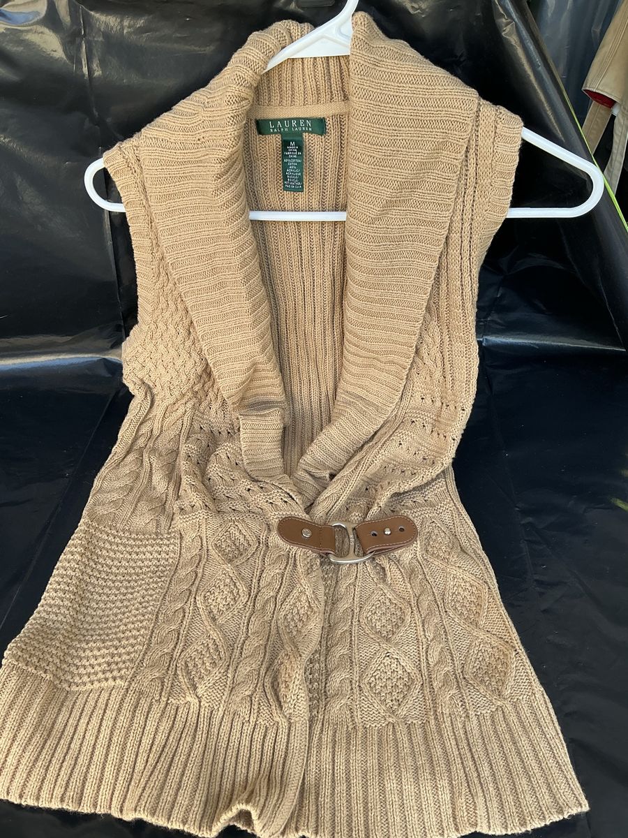 Lauren Ralph Lauren Camel Cable Knit Sweater Vest Leather Buckle Shawl Collar M