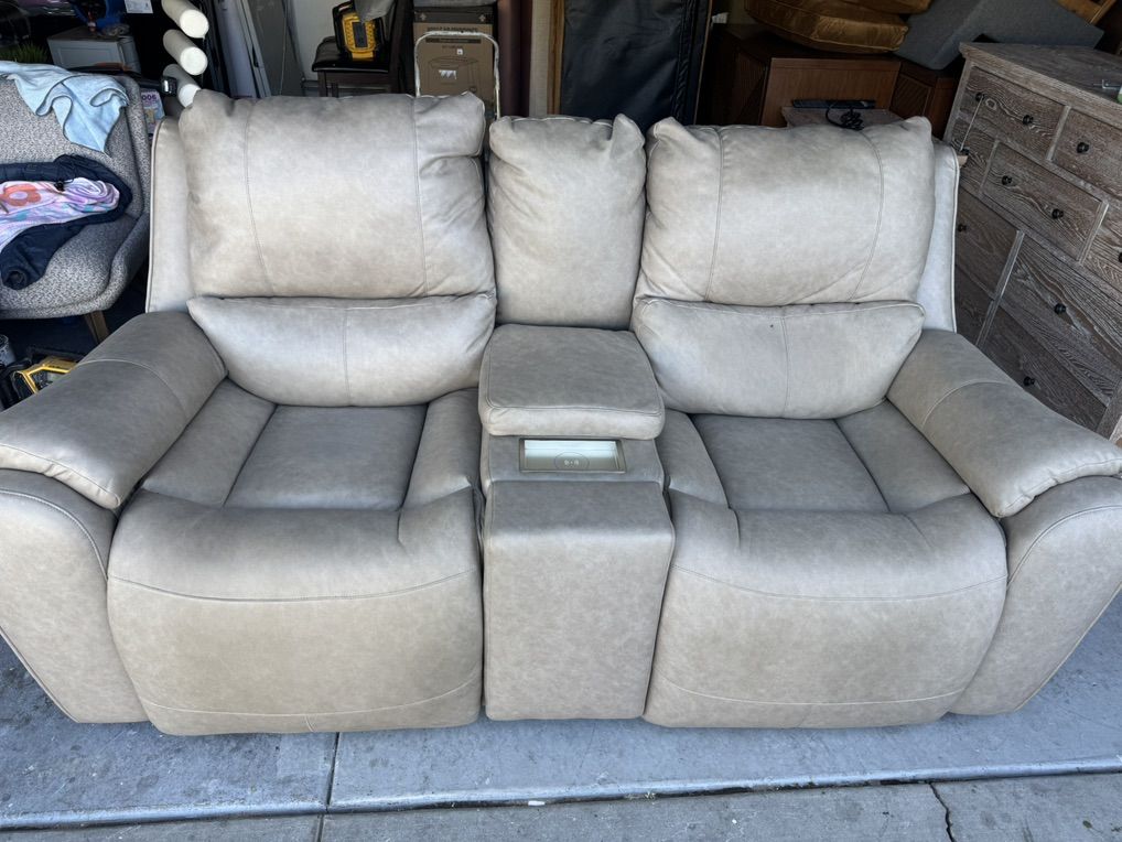 Linden Beige Power Reclining Loveseat with Console