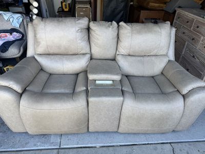Linden Beige Power Reclining Loveseat with Console