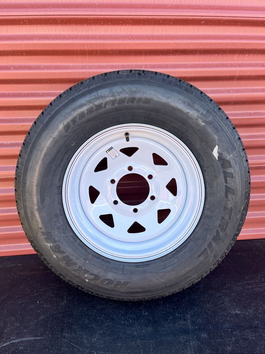 Rockman ST 225/75 R 15 Trailer Tire mounted on New White Wheel 6 lug pattern Brand New