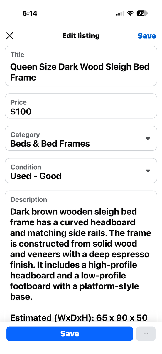 Queen size dark wood sleigh bed