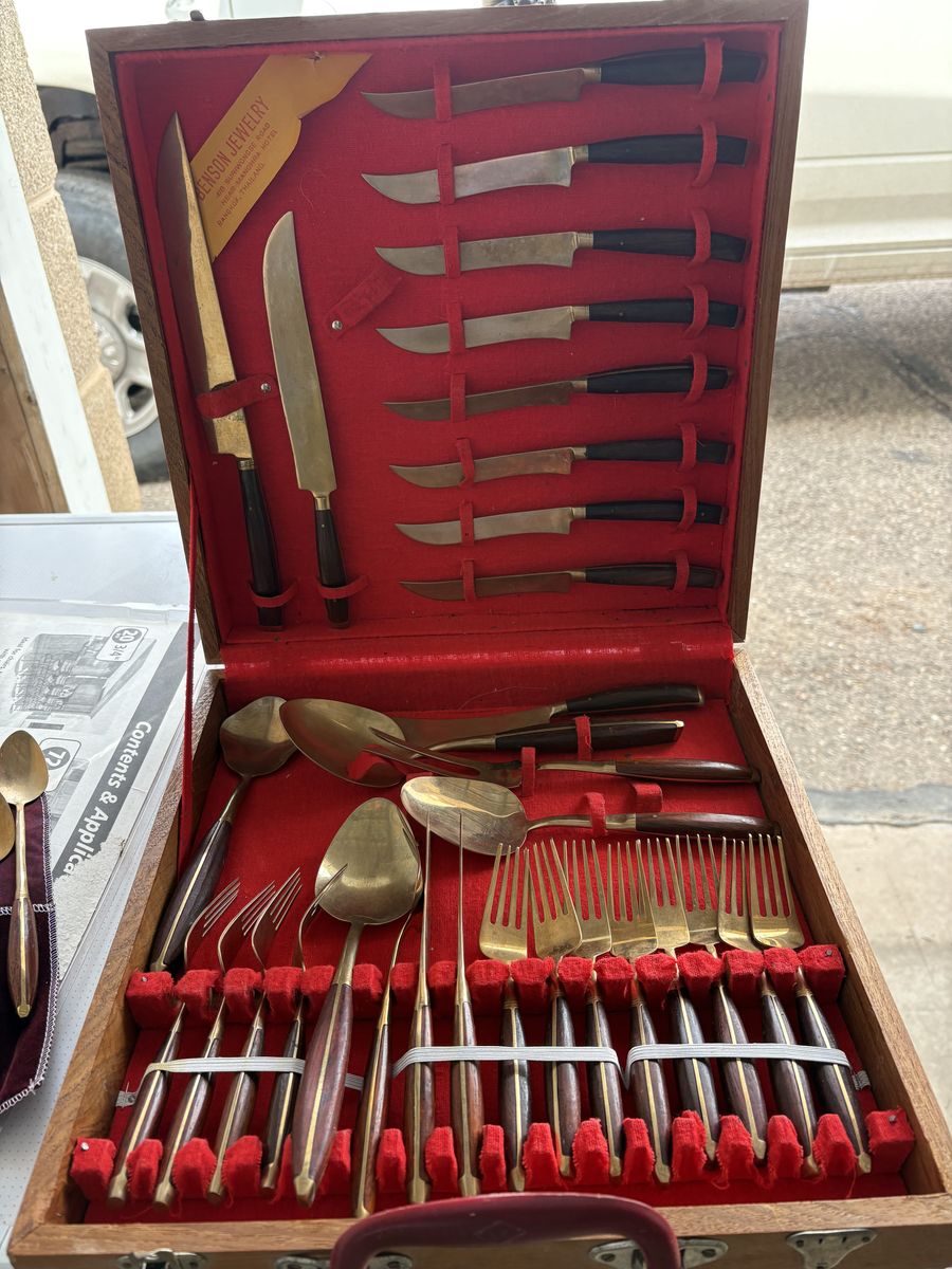 Thailand Benson Jewelry Gold Toned Flatware Set in Wood Case - Complete 12-Setting Vintage Utensil Collection