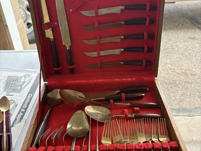 Thailand Benson Jewelry Gold Toned Flatware Set in Wood Case - Complete 12-Setting Vintage Utensil Collection