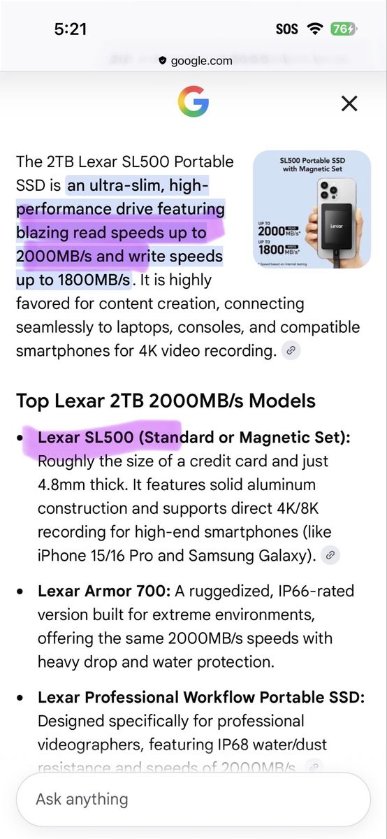 2tb  sl500 2000mbs Lexar portable ssd