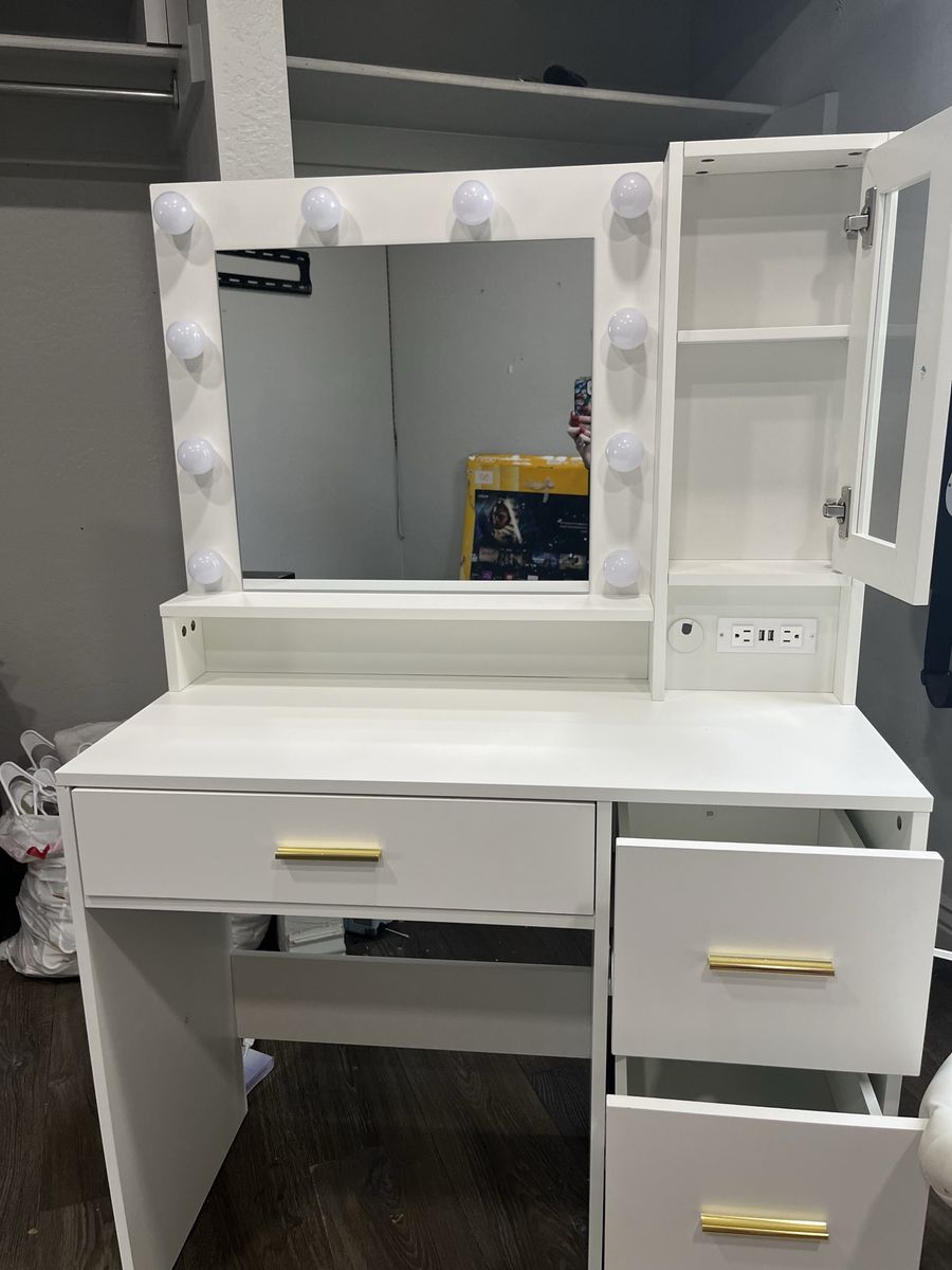 White Vanity Desk with Lighted Mirror, Storage Cabinet, 4 Drawers, & USB Outlets