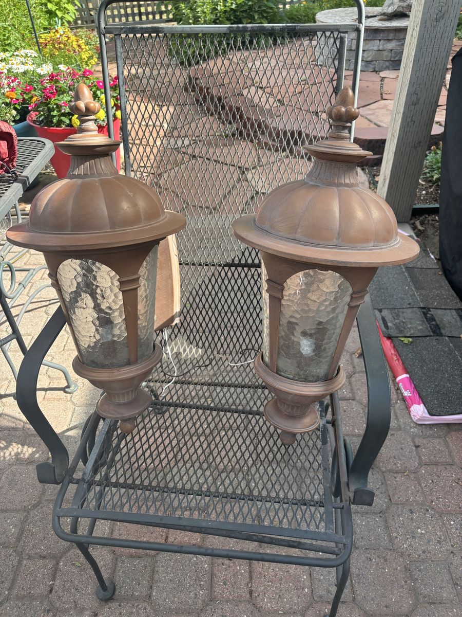 Set of 2 Outdoor Bronze Lantern Light Fixtures with Textured Glass