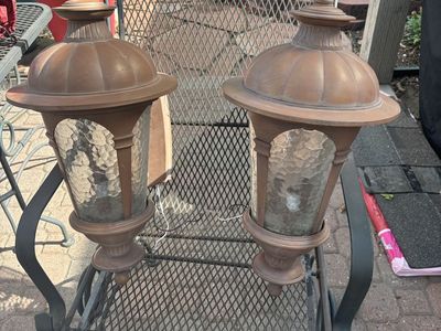 Set of 2 Outdoor Bronze Lantern Light Fixtures with Textured Glass