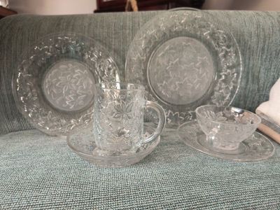 Princess House Fantasia Crystal Dinnerware 6-piece sets. 4 place settings - Plates, Bowls, Cups, Saucers and one Platter