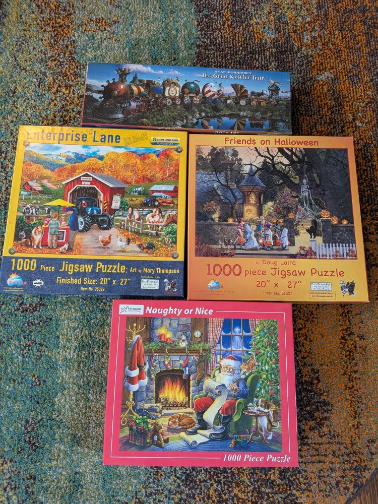 Lot of 4 Jigsaw Puzzles: Naughty or Nice, Friends on Halloween, Enterprise Lane, Great Kettles Train
