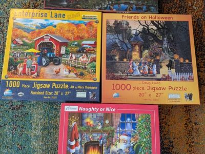 Lot of 4 Jigsaw Puzzles: Naughty or Nice, Friends on Halloween, Enterprise Lane, Great Kettles Train