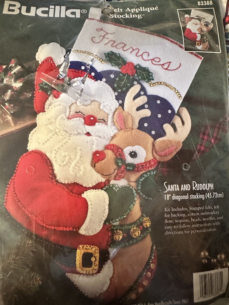 Bucilla Santa and Rudolph Felt Appliqué Christmas Stocking Kit 18" Diagonal 83388 New Sealed