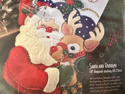 Bucilla Santa and Rudolph Felt Appliqué Christmas Stocking Kit 18" Diagonal 83388 New Sealed