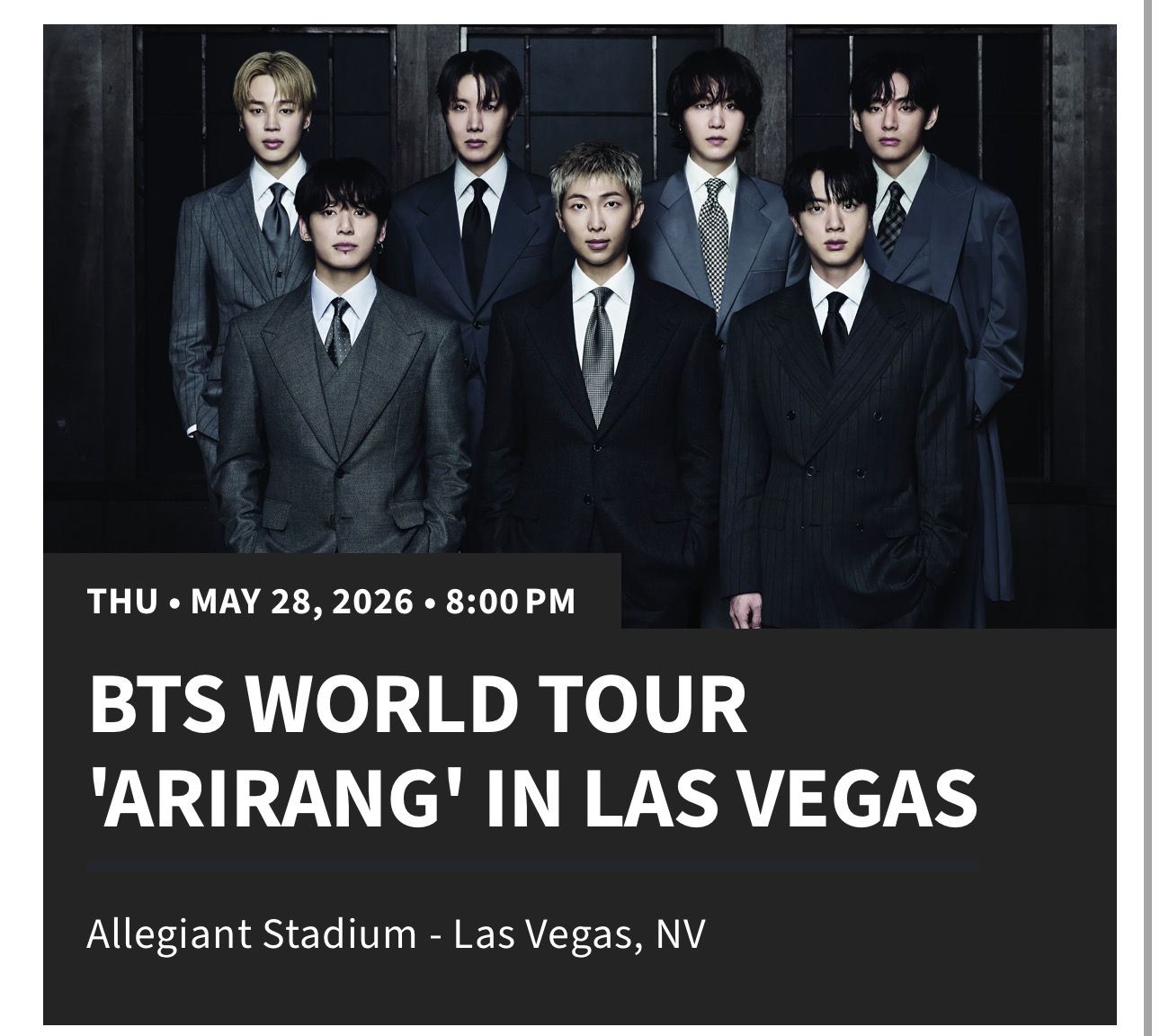 BTS World Tour Arirang May 28, 2026 Las Vegas (Price Is For 2 Tickets )