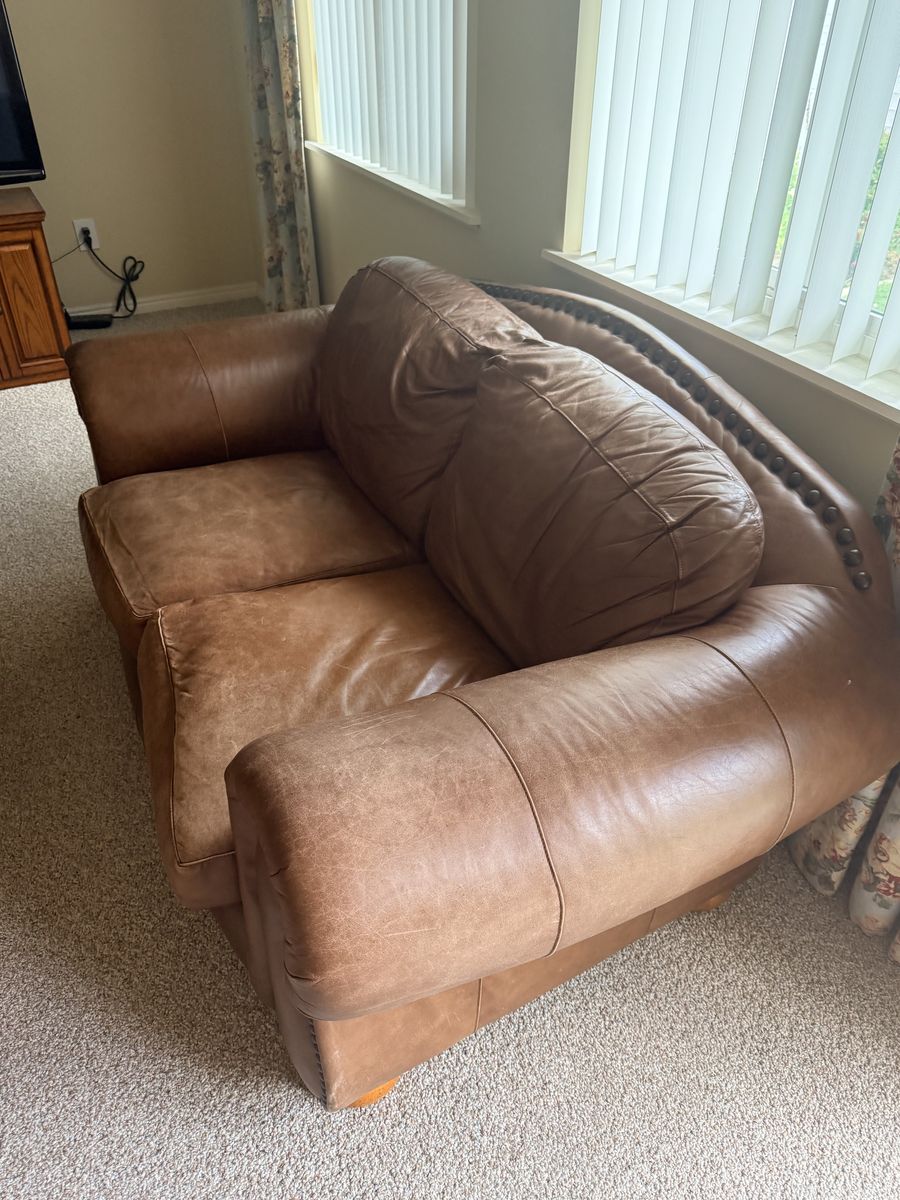 Estate Sale: Leather Couch, Loveseat, & Recliner, TV with Wood Stand, Wall Art