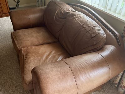 Estate Sale: Leather Couch, Loveseat, & Recliner, TV with Wood Stand, Wall Art