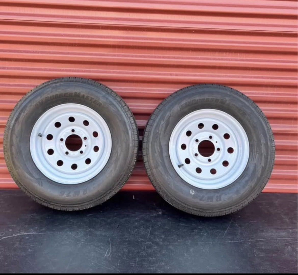 Set of 2 Rubber Master ST 185/80 R Trailer Tires Mounted on New White Mod Wheels 5 on 4.5 Brand New