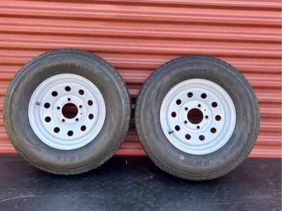 Set of 2 Rubber Master ST 185/80 R Trailer Tires Mounted on New White Mod Wheels 5 on 4.5 Brand New